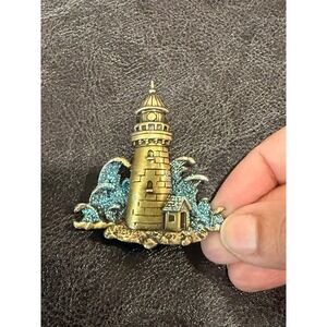 JJ Vintage Lighthouse Ocean Waves Enamel Pin Brooch Nautical Coastal Charm